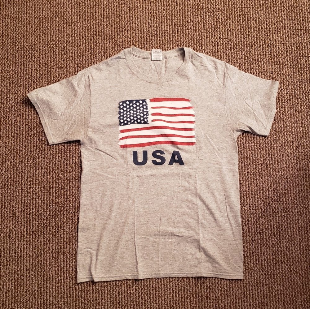 USA America American Flag Cotton T-Shirt Tee Gray Red White Blue Small